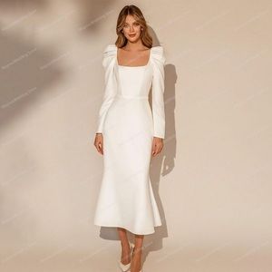 Satin long puffed sleeve tea length wedding dress
